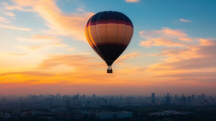 Obraz premium Hot Air Balloon Sunset Cityscape Aerial View Golden Hour