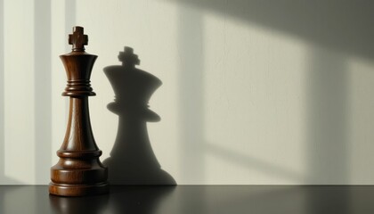 Wooden chess king piece casting intricate shadow on a wall