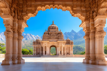 Majestic sandstone monument framed by arches, mountains in background under sunny sky
