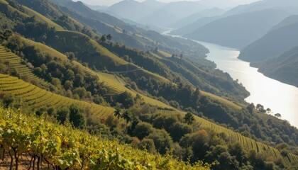 Obraz premium Scenic Vineyard Landscape Overlooking Serene River and Mountains