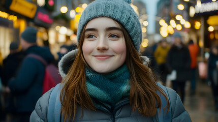 Happy woman strolling city Christmas market, enjoying festive lights and cheerful atmosphere. Ideal for travel blogs, winter fashion articles