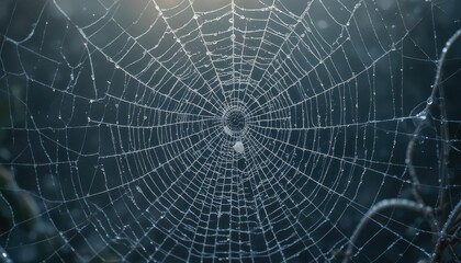 Obraz premium Intricate Spider Web Covered in Dew Glimmering in Morning Light