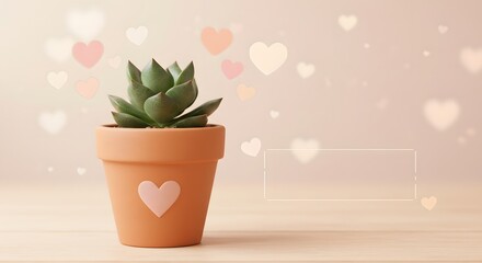 Fototapeta premium Potted Succulent with Heart and Floating Hearts for Valentines Message