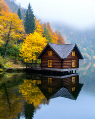Fototapeta premium Misty autumn lake with log cabin reflection
