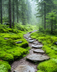 Obraz premium Misty forest path with moss-covered stones