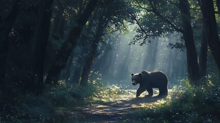 Naklejka premium Peaceful grizzly bear walking through colorful forest high resolution picture
