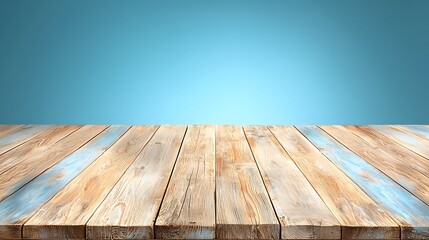 Showcase of rustic wood planks on blue background photography indoor close-up textured surface