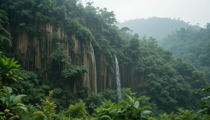 Lush Green Landscape with Waterfalls and Misty Mountains in Background