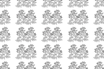 Line art botanical seamless floral pattern with wildflowers vector illustration.Black and white outline repeating plant in white background. Graphic design for Fashion Cover Textile Coloring Page Card
