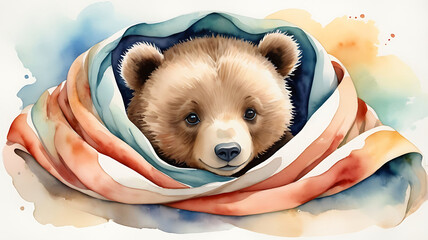 Close-up of bear inside a blanket, Watercolor depiction