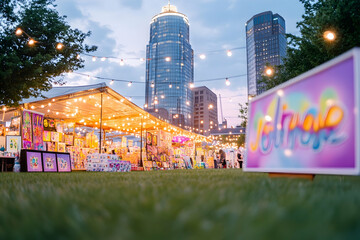 Outdoor art market at dusk, city skyline backdrop