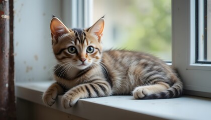 Adorable Striped Kitten by the Window: Nature's Serenity Indoors