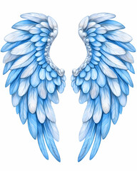 Fototapeta premium Pair of light blue and white feathered wings, isolated on white background