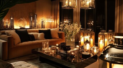Luxurious Living Room Decor: Warm Candlelight and Elegant Ambiance