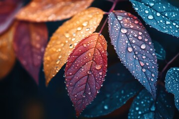 Autumn leaves glistening with raindrops vibrant colors nature beauty