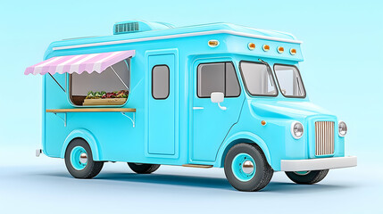 Pastel-blue food truck with striped awning, displaying produce