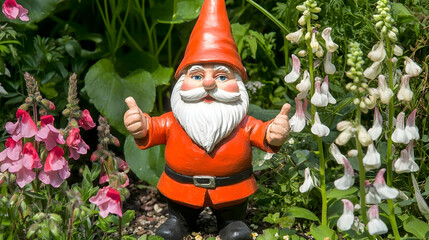 Cheerful garden gnome giving thumbs up, surrounded by blooming flowers, in a lush garden setting. Ideal for gardening, home d?cor, or springtime themes