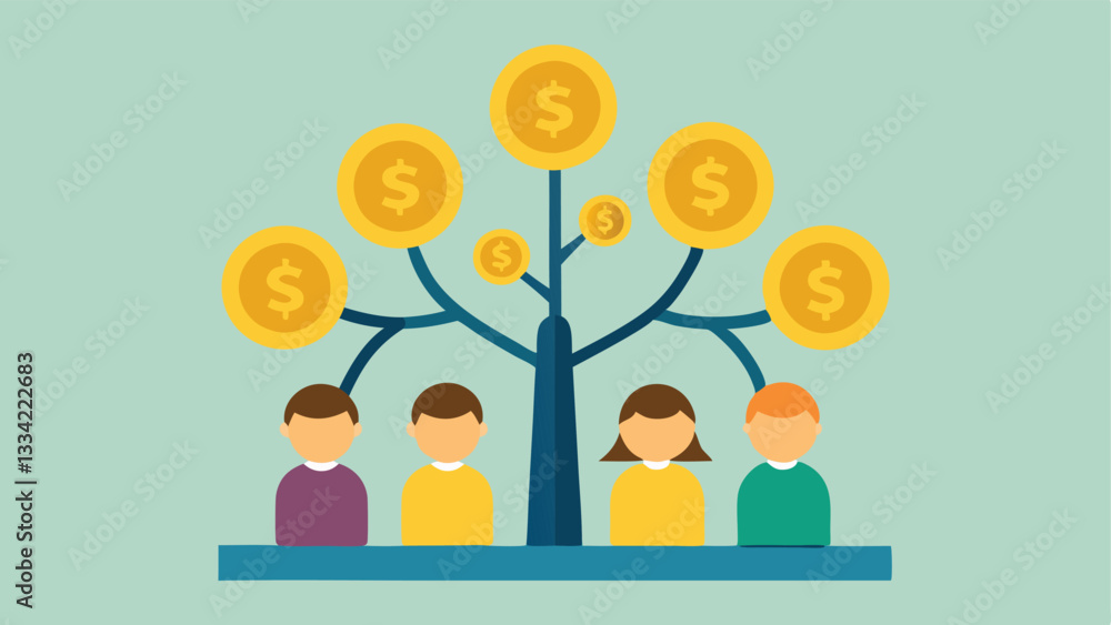 Poster family tree with growing coins a stylized family tree with branches that end in coin stacks represen