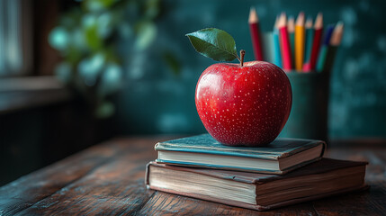 Empty School Classroom with Books, Apple, and Natural Light