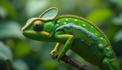 Obraz premium chameleon on a branch, Chameleon's Vivid Green and Blue Beauty: Nature's Camouflage in Focus