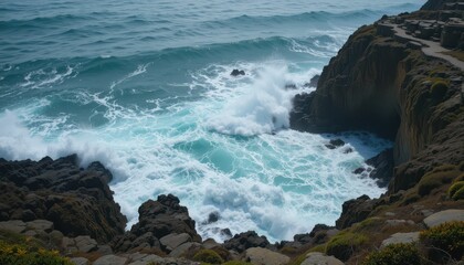 Waves Crashing Against Rocky Cliffside in Coastal Landscape