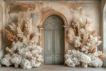 Vintage baroque sage green doorway photography backdrop with boho floral arrangements on textured old wall.