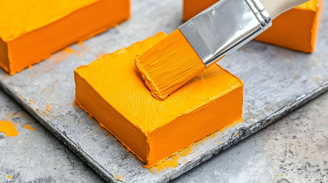 Painting orange cubes on a tray, close-up view.  A craft project in progress, ideal for DIY tutorials or artistic blogs