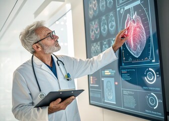 A cardiologist examining a digital scan of a human heart on a large medical monitor. The doctor looks focused, with a stethoscope around their neck