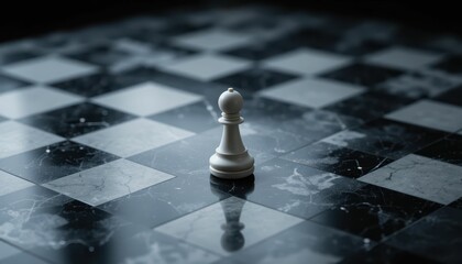 White chess pawn on black marble background in dramatic lighting