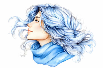 Profile of a woman with flowing light blue hair and scarf, watercolor style