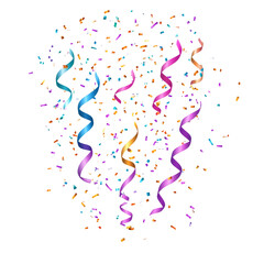 Colorful confetti and ribbons falling isolated on transparent background