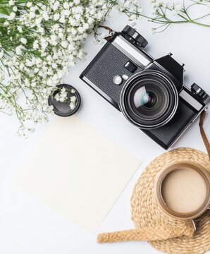 A vintage camera surrounded by flowers and a blank card