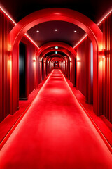 Red carpet hallway with arched doorways and LED lighting