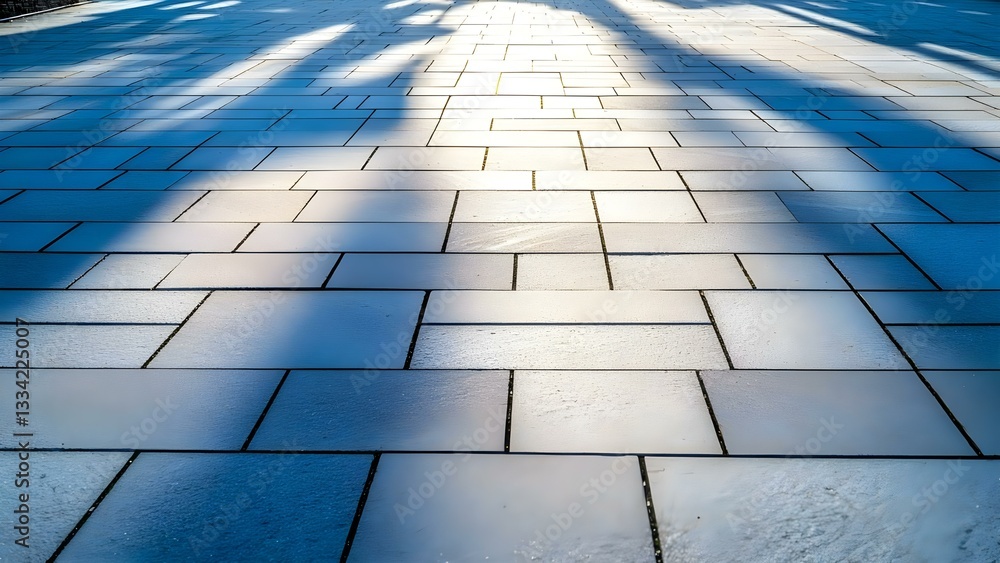 Poster a textured pavement with shadows cast on its surface, creating a pattern of light and dark areas. co