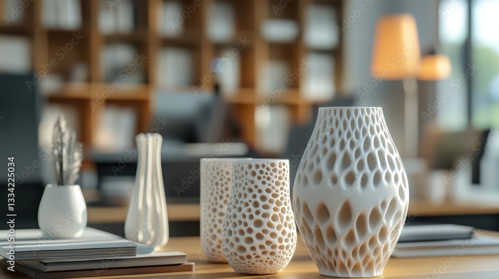 Aufkleber decorative vases and objects are arranged on a wooden table