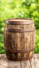 Rustic wooden barrel on weathered wood, blurred green background