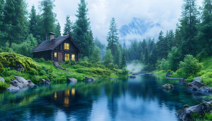 Fototapeta premium Secluded mountain cabin by a tranquil river, reflecting lights at dusk