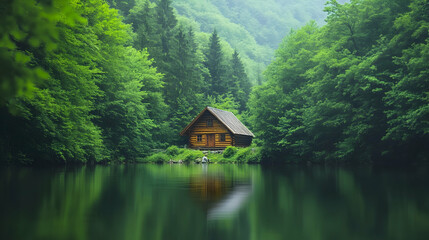 Obraz premium Secluded wooden cabin nestled beside a tranquil lake in a lush green forest