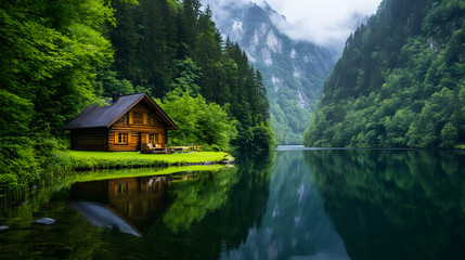 Fototapeta premium Secluded wooden cabin nestled by a tranquil lake in a lush green valley, mountains in the background