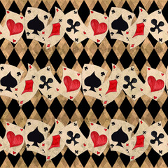 Alice in Wonderland  vintage style original hand drawn  playing cards seamless pattern
