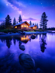 Obraz premium Serene lakeside log cabins at twilight, stars reflected in calm water