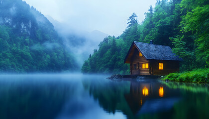 Fototapeta premium Serene lakeside cabin glowing warmly at twilight, nestled amidst misty mountains and lush forest