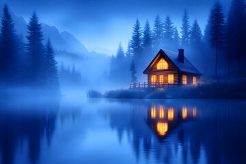 Fototapeta premium Serene lakeside cabin at twilight, nestled amongst misty mountains and evergreen trees, reflecting in calm water