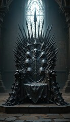 Obraz premium Dark Fantasy Throne Surrounded by Shields and Spear-Like Decorations