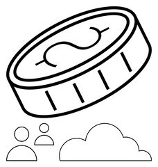 Large coin with dollar sign above cloud and two user icons. Ideal for finance, cryptocurrency, transactions, savings, cloud computing, networking, digital economy. Flat simple metaphor
