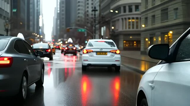 Taxi waiting at a red light in a busy city intersection