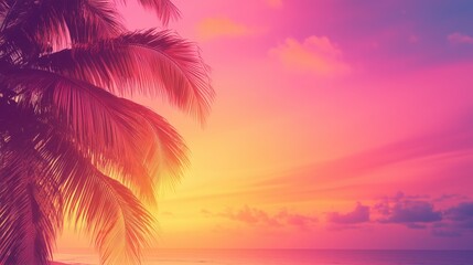 Tropical Beach Sunset with Silhouetted Palm Trees and Vibrant Pink Orange Sky - Serene Coastal Landscape for Relaxation and Travel Inspiration