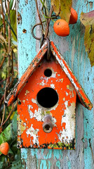 Rustic orange birdhouse on weathered fence, autumn leaves background; perfect for nature, garden, home decor websites