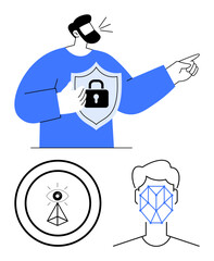 Man holding shield with lock symbol, pointing ahead, eye in a circle observing, geometric face recognition pattern below. Ideal for security, observation, technology, privacy, facial recognition