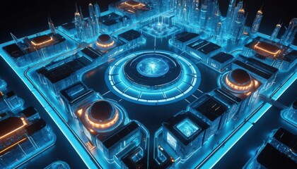 Futuristic Cityscape at Night Neon Lights Illuminate Modern Architecture and Advanced Technology